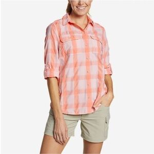 Eddie Bauer Classic Fit Button Up Shirt Roll Tab Sleeves Vented Peach Check XL